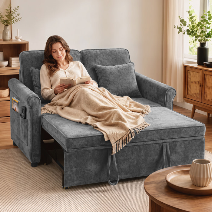 Sofá Cama 2 Plazas 3 en 1, Sofá Cama de Tejido Chenilla con Respaldo Ajustable 5 Niveles, Bolsillos Laterales, 2 Cojines y Reposabrazos Redondeados para Sala de Estar, Espacios Pequeños, Gris