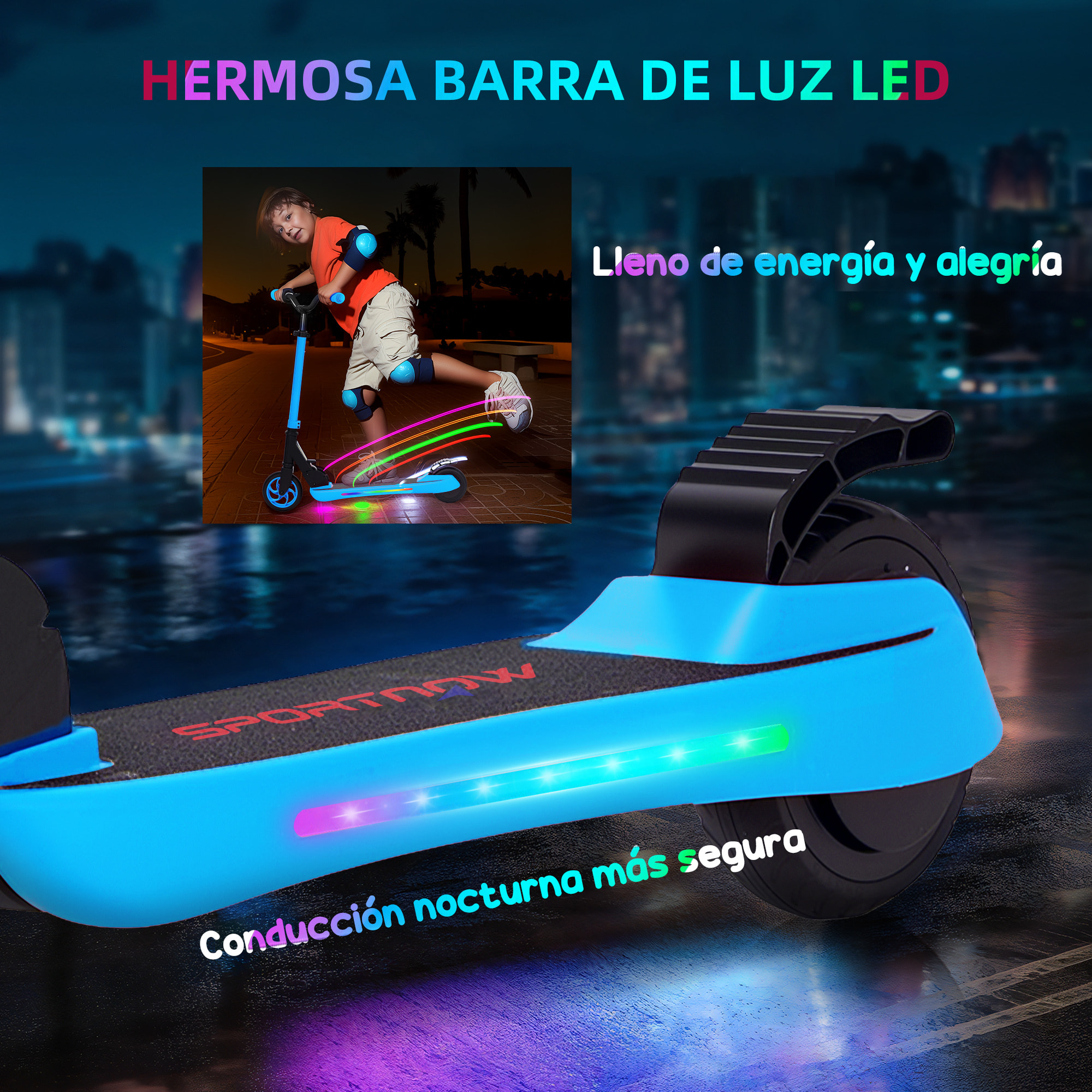 Patinete Eléctrico Plegable MAX 10 KM/H Patín Eléctrico de +6 Años Motor 120 W Autonomía 6 KM Ruedas de 5" - 5,5" Freno Posterior Altura Ajustable Luces LED y Marco de Aluminio Azul