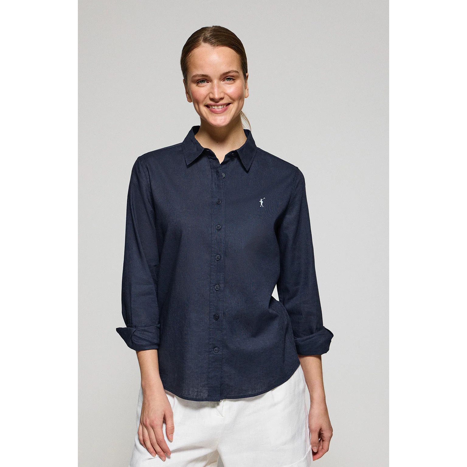 Camicia blu marino in lino e cotone regular fit con ricamo Rigby Go