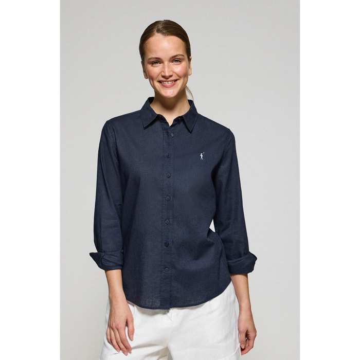 Camicia blu marino in lino e cotone regular fit con ricamo Rigby Go