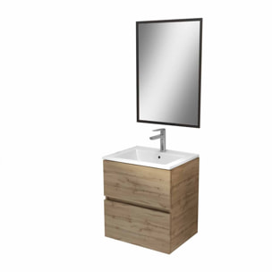 Meuble de Salle de Bains 50cm TIMBER - Tiroirs Décor Chêne, Vasque Blanche et Miroir Cadre Noir
