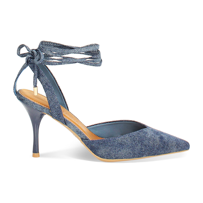 Décolleté slingback lace-up donna in jeans, tacco 8,5 cm
