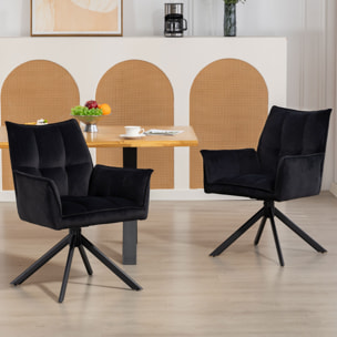 Juego de 2 Sillas de Comedor Giratorias 360°, Sillas de Cocina con Reposabrazos, Respaldo Acolchado, Tapizado en Terciopelo, Patas de Acero, para Oficina, Conferencia, Sala de Estar, Negro