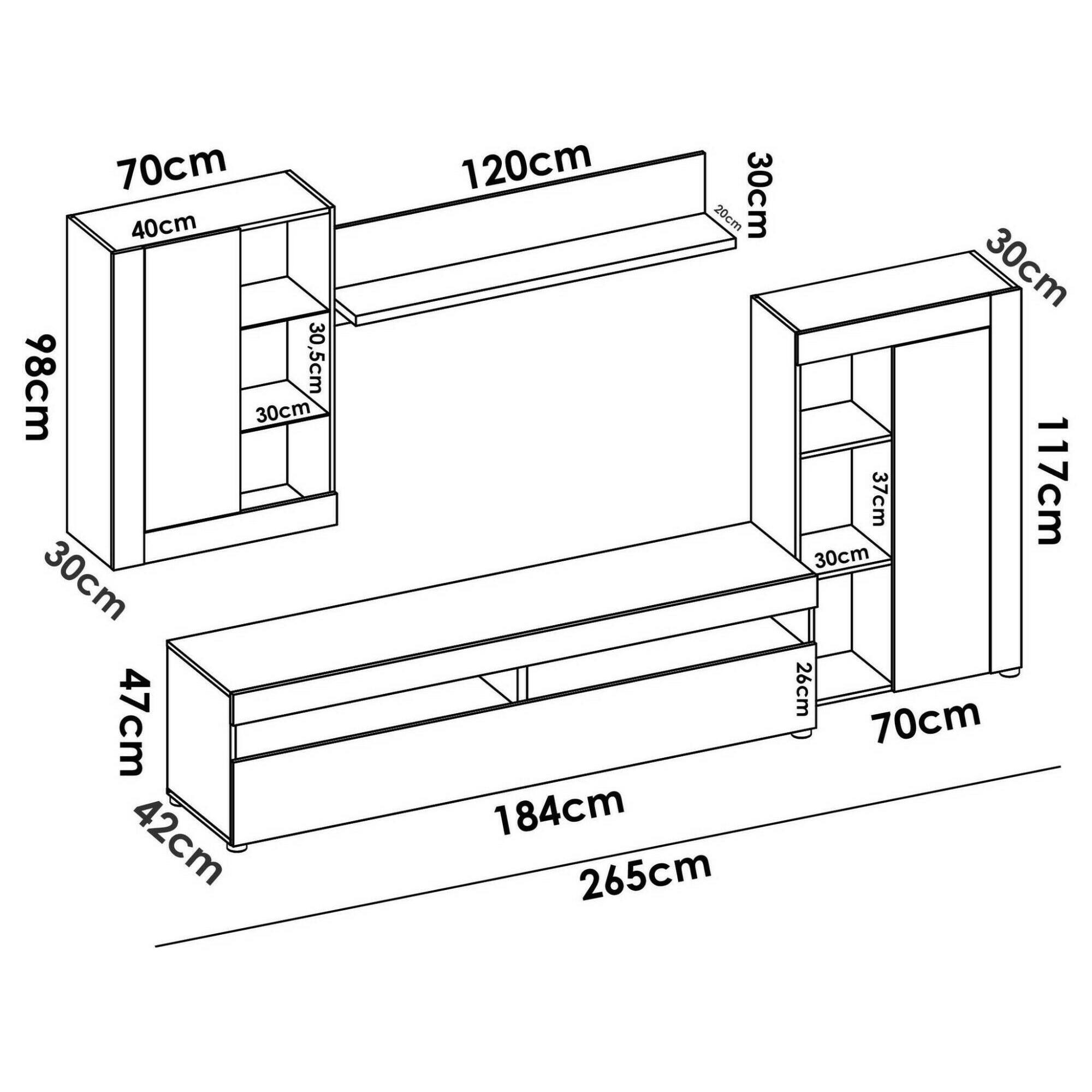 Parete attrezzata Beverin, Set da soggiorno componibile, Mobile salotto multiposizione, 265x42h180 cm, Bianco e Cemento