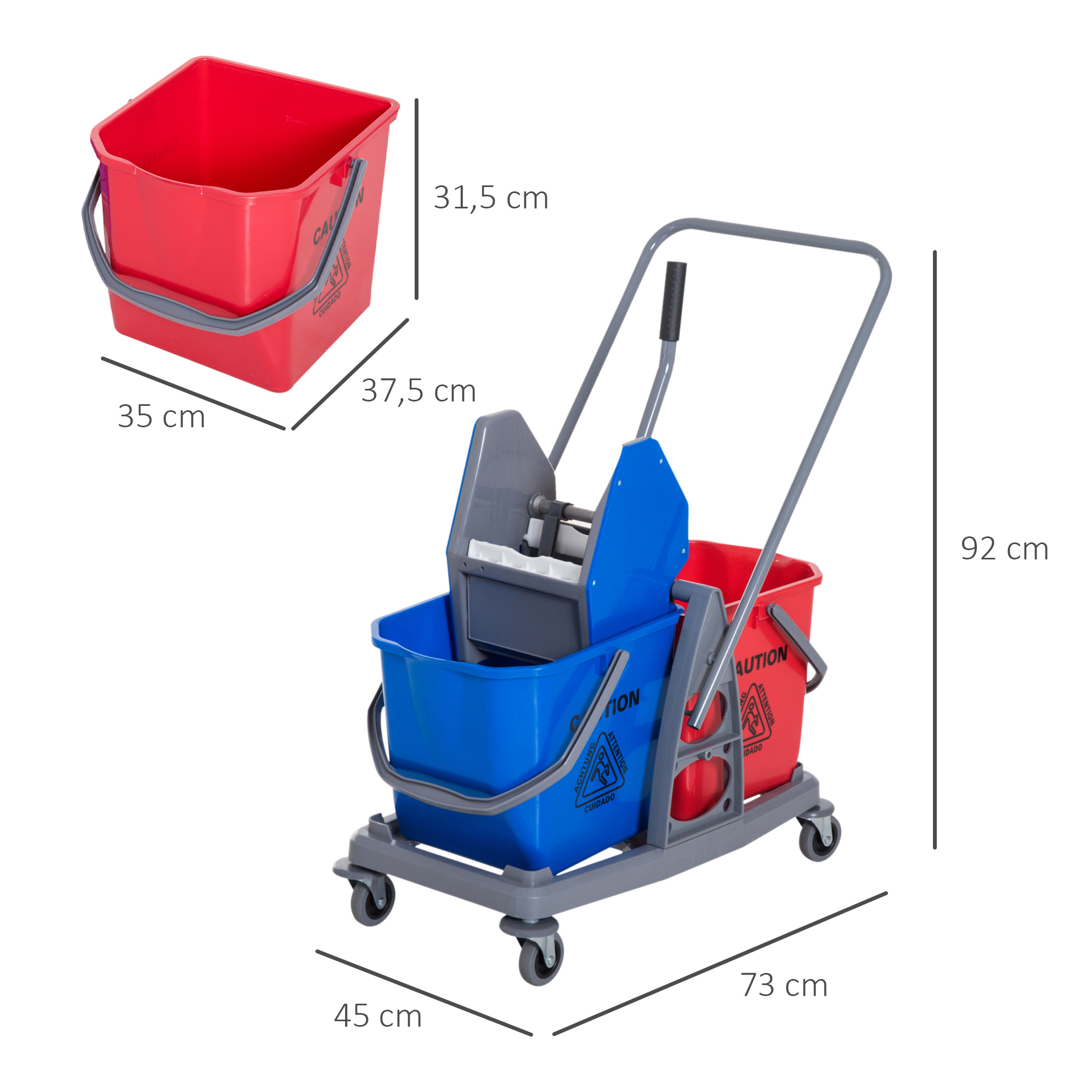 HOMCOM Carro de Limpieza Profesional Carro de Fregado de Metal con 2 Cubos de 25 Litros Extraíbles Escurridor Prensa Manual y 4 Ruedas 73x45x92 cm Rojo y Azul