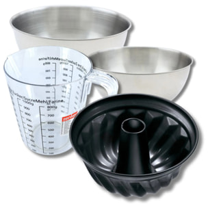 Set pâtisserie avec moule à kouglof 25 cm, 2 bols à mixer, verre mesureur et spatule Zenker