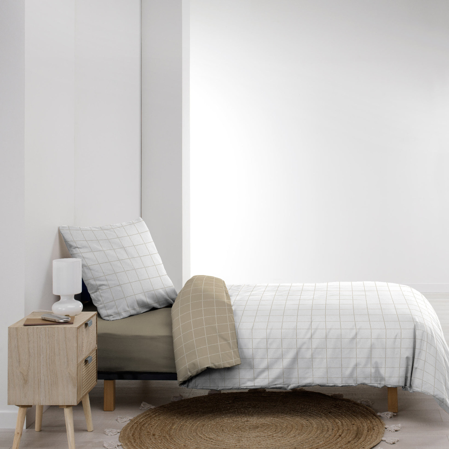 Parure de lit 2 pièces coton motif carreaux réversible housse + taie - Naturel