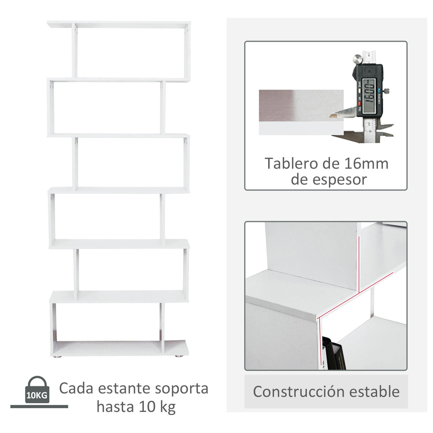 Estantería Librería 6 Estantes de Madera Forma de S Estanteria 80x25x192 Blanco