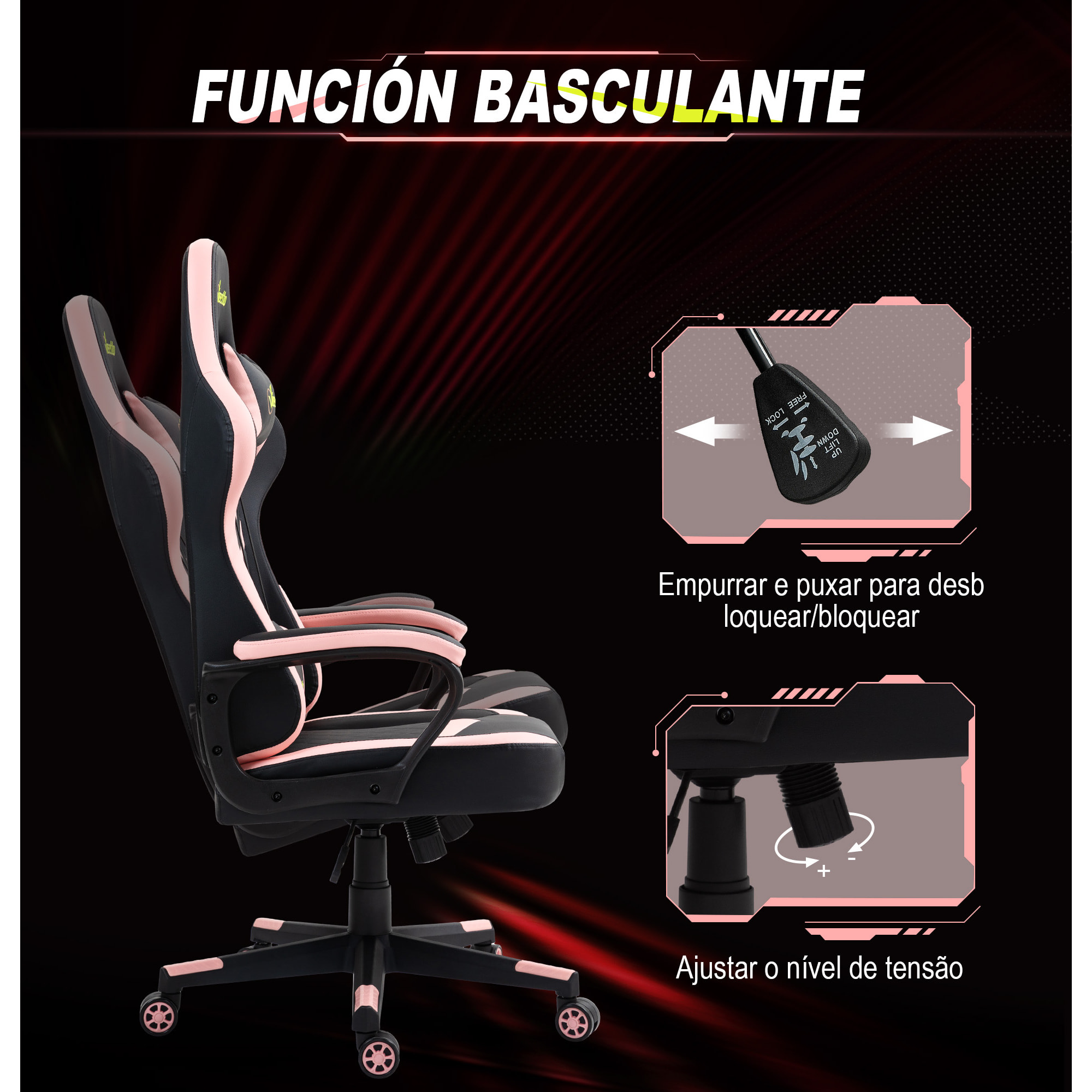 Silla Gaming Silla Gamer Basculante con Altura Ajustable Giratoria Reposacabezas y Lumbar Desmontable Silla de Oficina Estudio Rosa