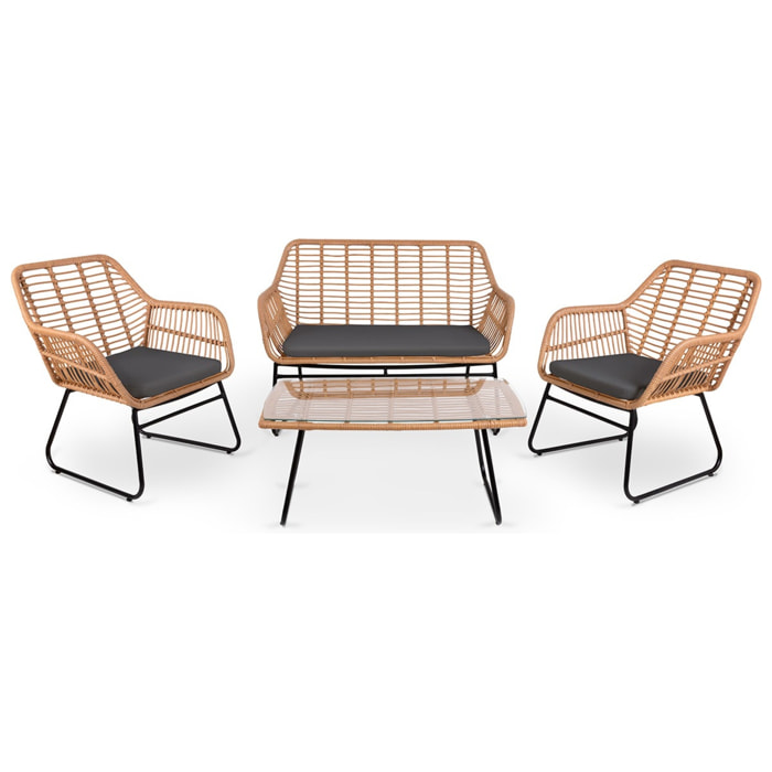 Conjunto de jardín 4 plazas, mesa centro+sofá+sillones de acero gris