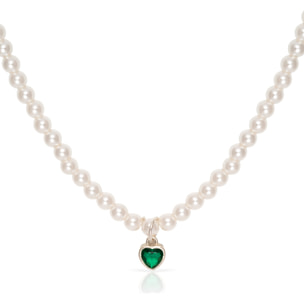 Collar de plata de ley 925 con cuentas de perla y colgante de corazón de cicón verde con cierre de resorte.
