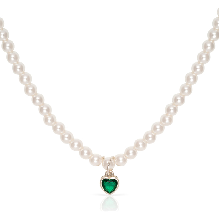 Collar de plata de ley 925 con cuentas de perla y colgante de corazón de cicón verde con cierre de resorte.