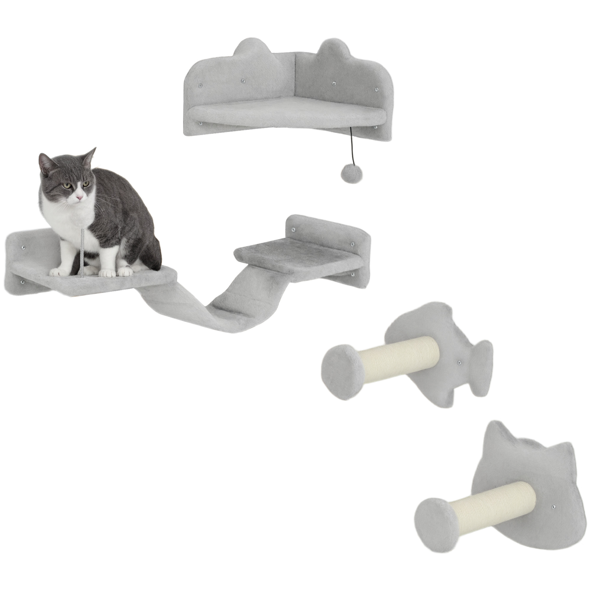 Juego de Estanterías para Gatos de 4 Piezas Rascador de Pared para Gatos con 2 Postes de Sisal Plataforma Doble con Escalera Suave y 1 Plataforma para Saltar Gris Claro