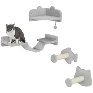 Juego de Estanterías para Gatos de 4 Piezas Rascador de Pared para Gatos con 2 Postes de Sisal Plataforma Doble con Escalera Suave y 1 Plataforma para Saltar Gris Claro