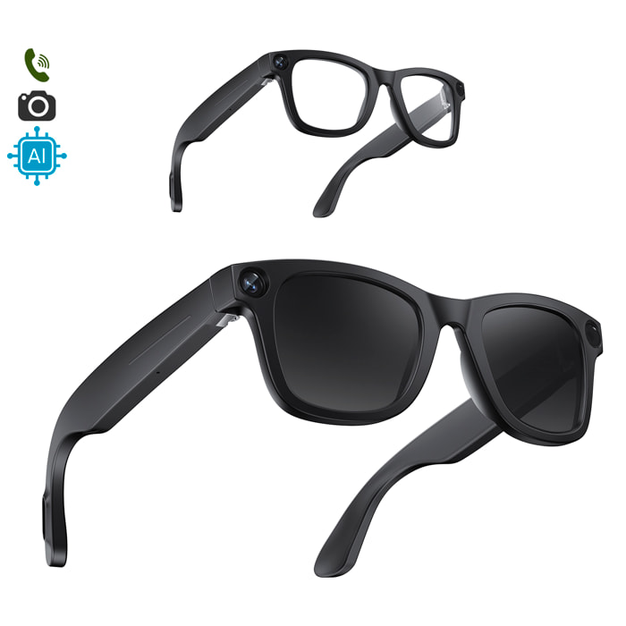 Gafas inteligentes E3. Con cámara de 8MPX, vídeos en 1080p, traductor AI en tiempo real y control de música/llamadas. Con lentes oscuras y transparentes.