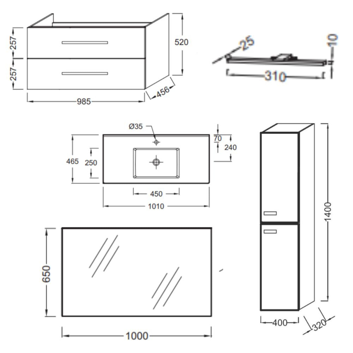 Meuble vasque 100 cm Ola Up blanc brillant + colonne + miroir et spots