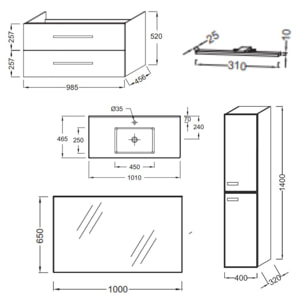 Meuble vasque 100 cm Ola Up blanc brillant + colonne + miroir et spots