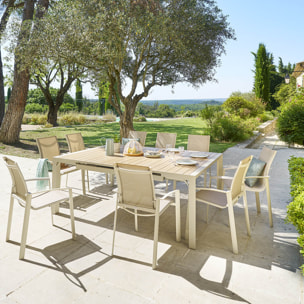 Table de jardin extensible carrée "Évasion" en aluminium lin et blanc traité époxy 10 places