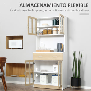 Alacena de Cocina Alta, Mueble Auxiliar de Cocina, con 4 Puertas de Vidrio, Encimera Abierta para Microondas, Cajón, Estantes Ajustables, 80x40x180 cm, Blanco y Natural