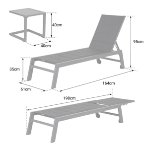 Set bain de soleil et table d'appoint BARBADOS en textilène taupe - aluminium blanc