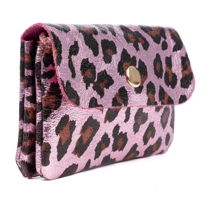 Alpignano monedero mujer. Piel auténtica Gamuza, diseño animal print leopardo, lacada brillante.