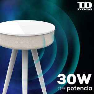 Mesa auxiliar altavoz portátil con sonido de 30W, Bluetooth, base de carga inalámbrica, batería de 2200mAh. Mesilla o mesita para dormitorio o sala de estar - TD Systems SM30B11WN [Lacado negro]