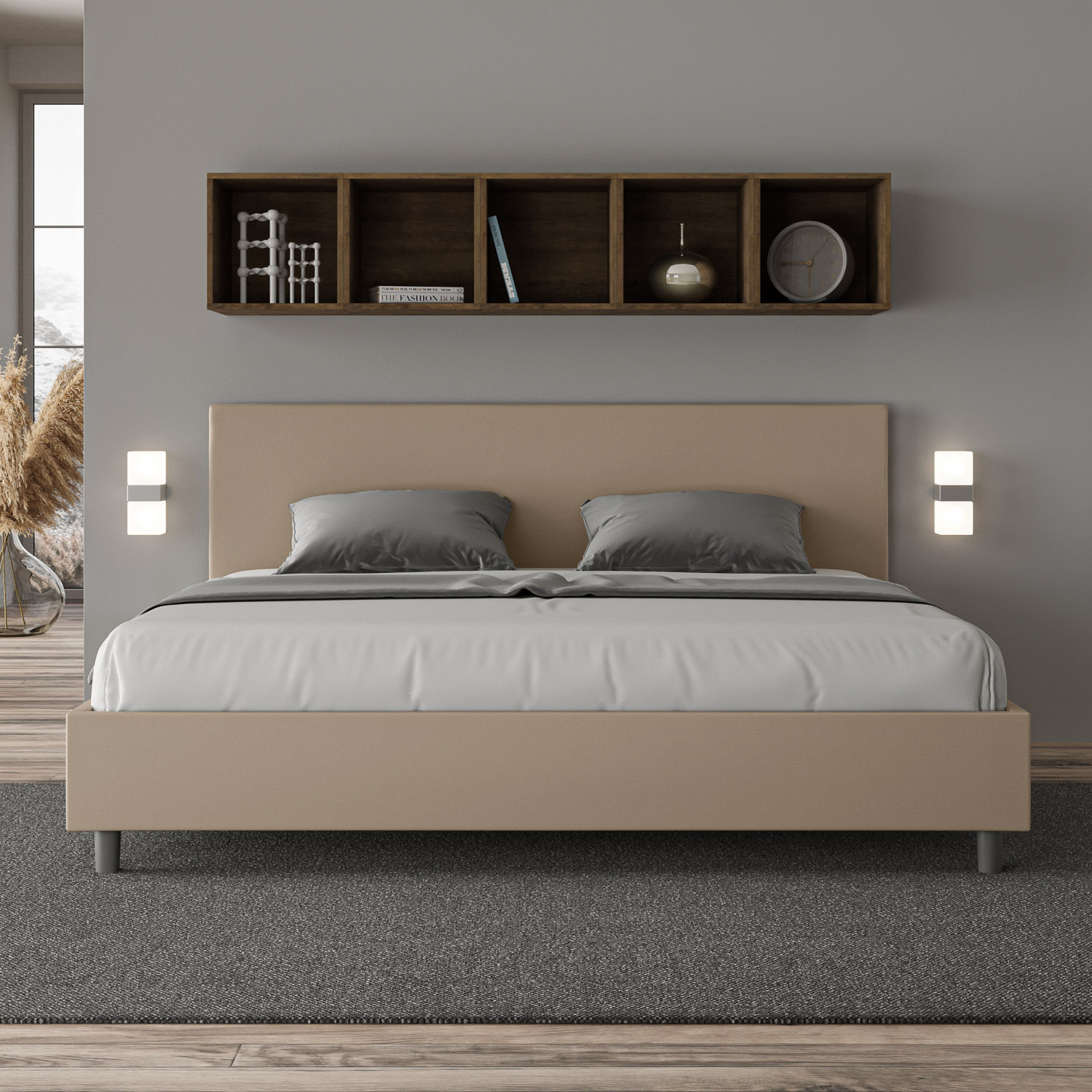 Cama matrimonial sin somier acolchada 180x210 cuero sintético gris paloma Adele