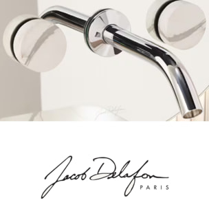 Miroir LED rond 3 trous + mélangeur lavabo encastré 3 trous Grands Boulevards marbre sculptural et chromé