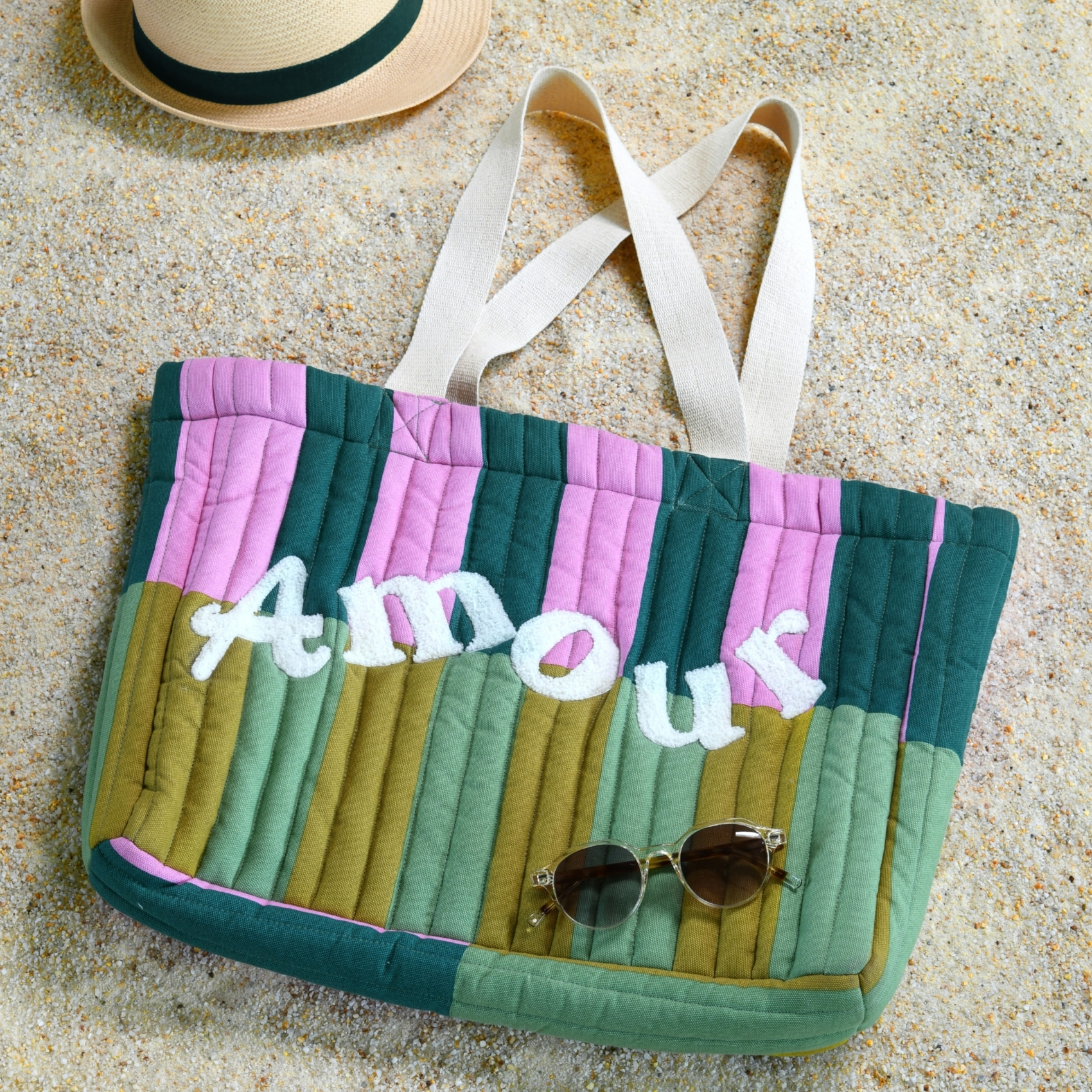 Sac cabas matelassé à bandes 'AMOUR' - Vert