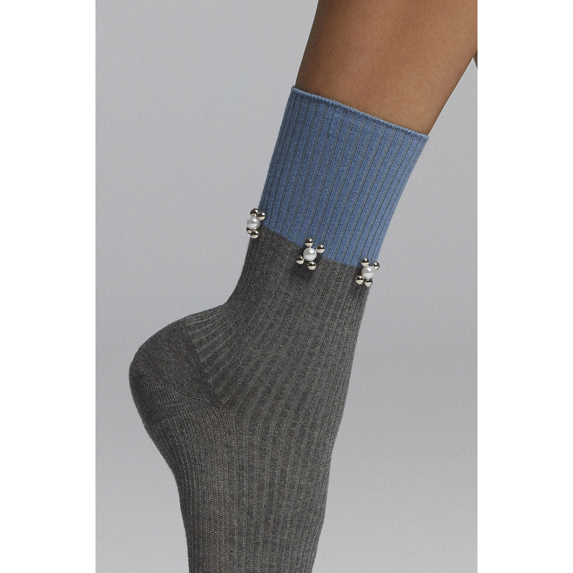 CALZA COTONE AZZURRA A COSTINE CON APPLICAZIONI LATERALI