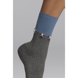 CALZA COTONE AZZURRA A COSTINE CON APPLICAZIONI LATERALI