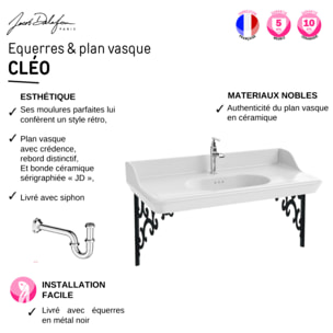 Plan vasque suspendu Cléo 1889 avec équerres métal noir + siphon chromé