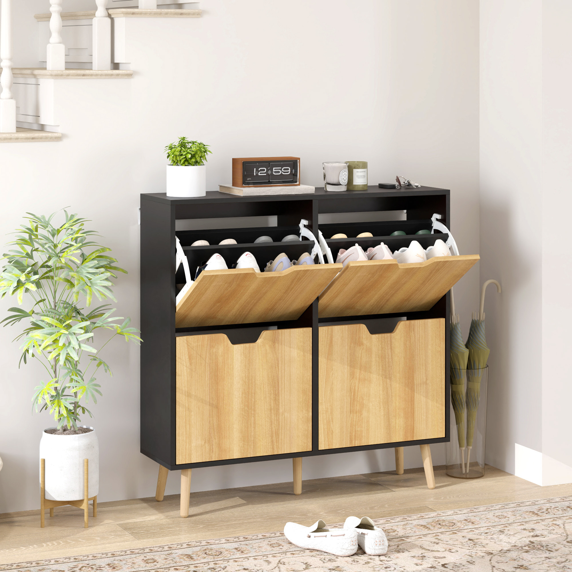 Zapatero Estrecho con 4 Cajones Abatibles, Zapatero Entrada Recibidor con Patas de Madera y Estantes Ajustables, para 16 Pares de Zapatos, para Pasillo, 95x26x95 cm, Natural y Negro