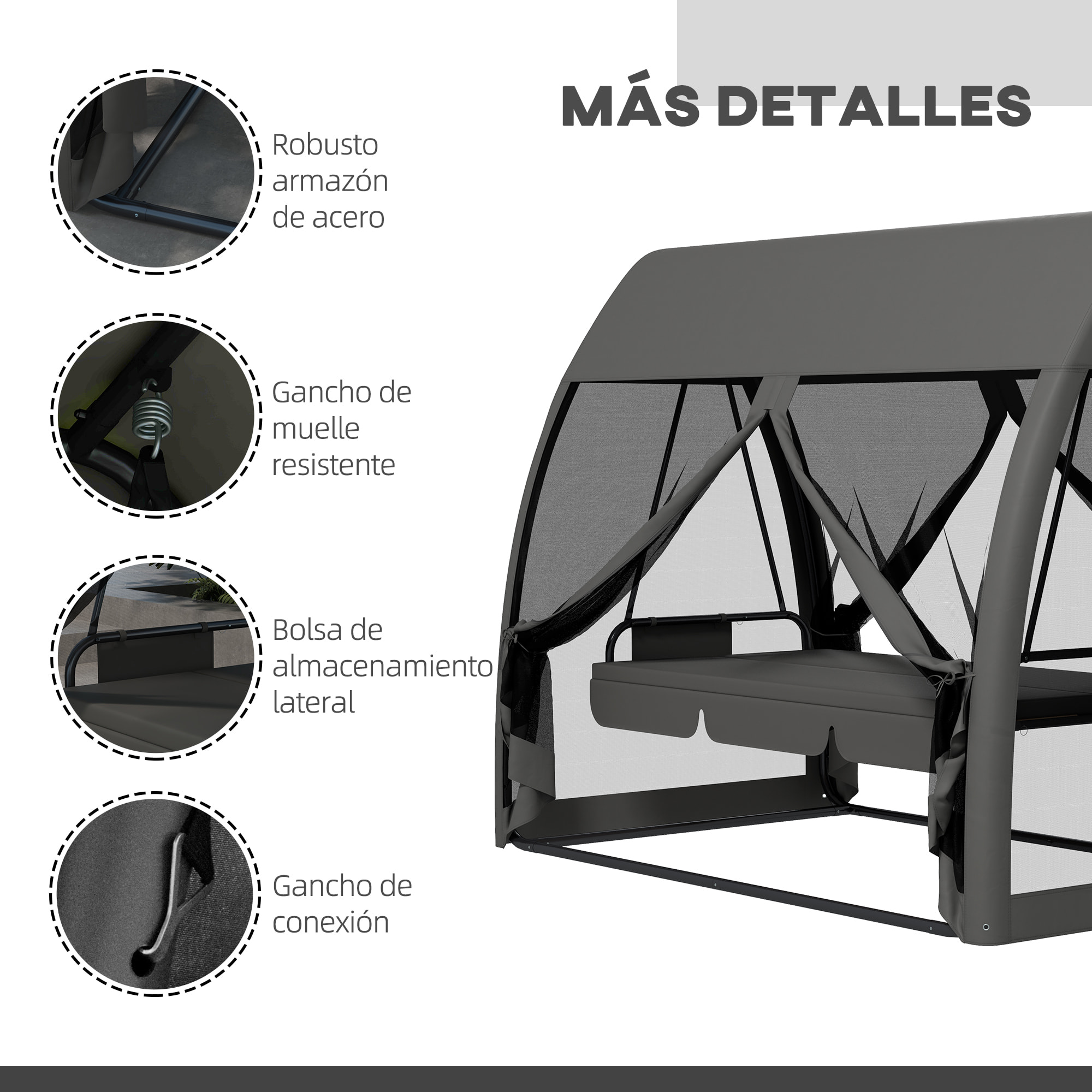 Balancín de Jardín de 3 Plazas Convertible en Cama Columpio Jardín Exterior con Mosquitera Estructura de Metal Carga 300 kg 240x140x197 cm Gris