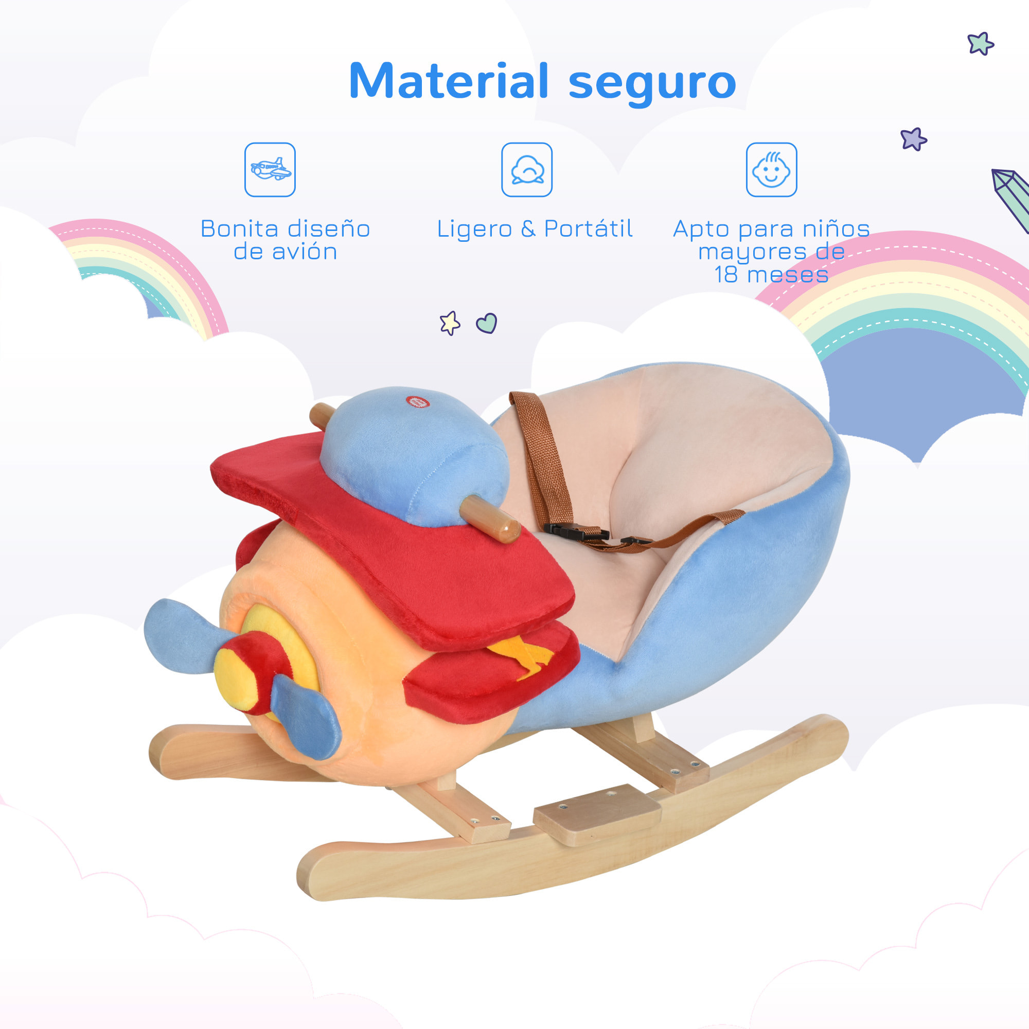 Caballo Balancín para Niños de +18 Meses Avión de Peluche con Música y Cinturón Seguridad Caballito Infantil 60x33x45 cm Multicolor