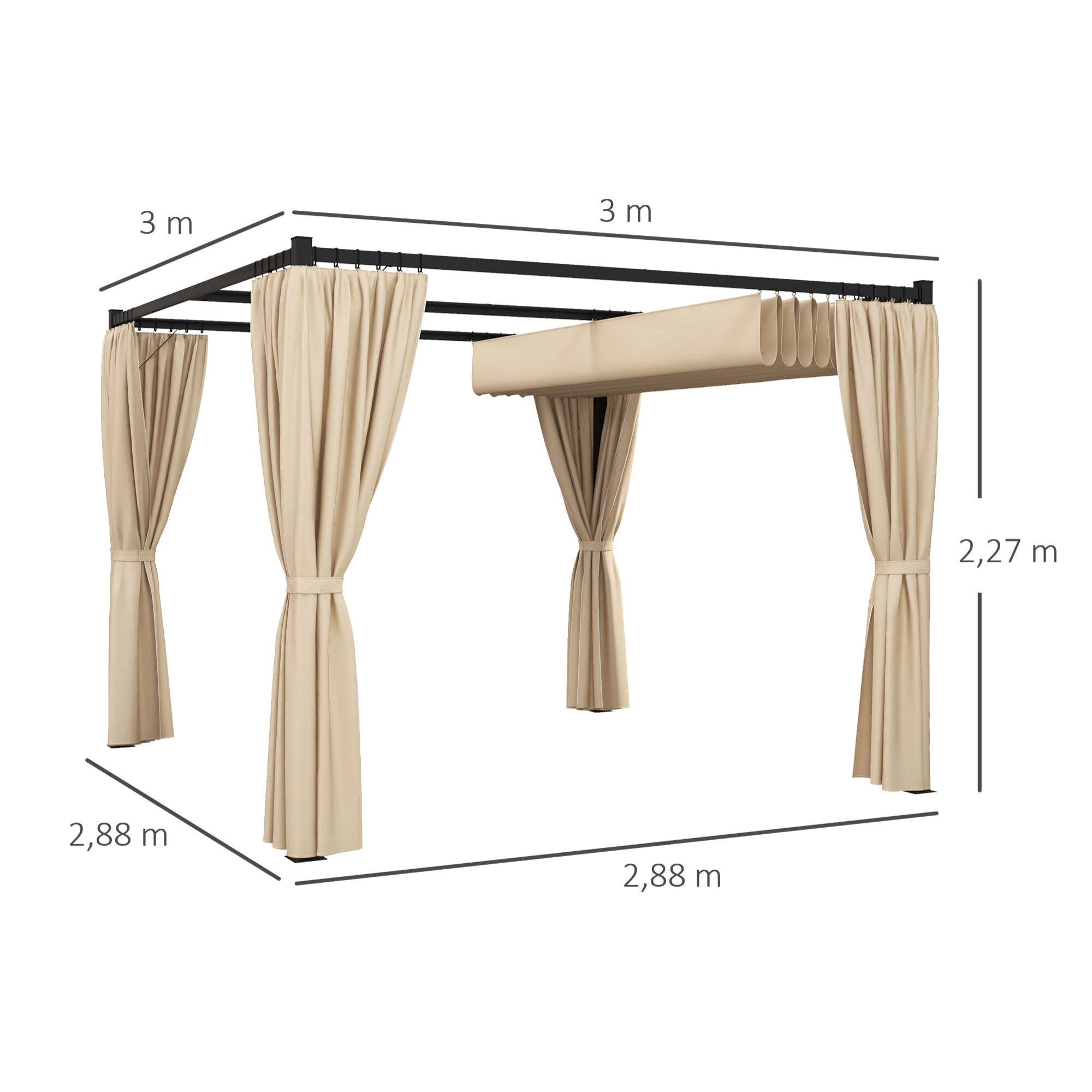 Pérgola de Jardín 3x3 m Cenador para Exterior con Techo y Paredes Laterales Retráctil Marco Metálico Impermeable para Terraza Patio Beige