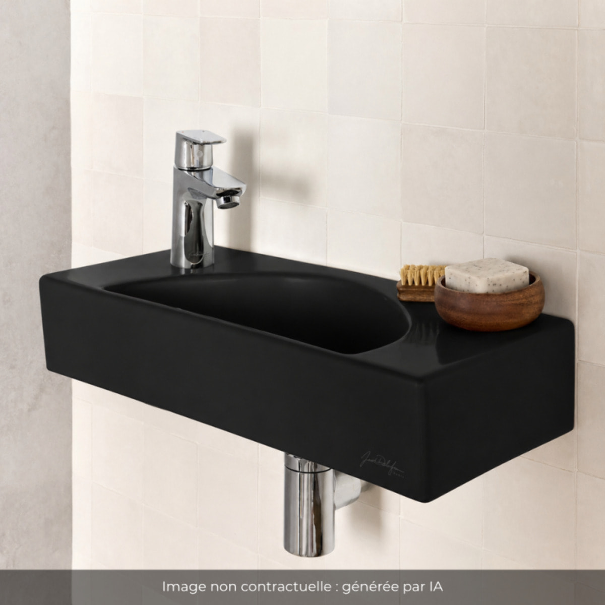 Lave-mains compact 50 cm Odéon Rive Gauche 1 trou de robinetterie à gauche Noir satiné avec bonde
