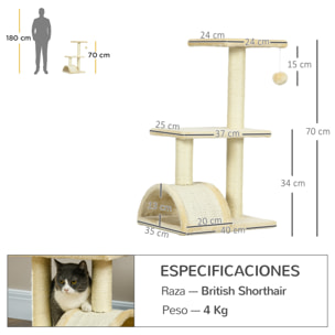 Árbol Rascador para Gatos Mediano Árbol para Gatos de 3 Niveles Torre para Gatos con Postes de Sisal Tablero para Rascar y Bola Colgante Crema