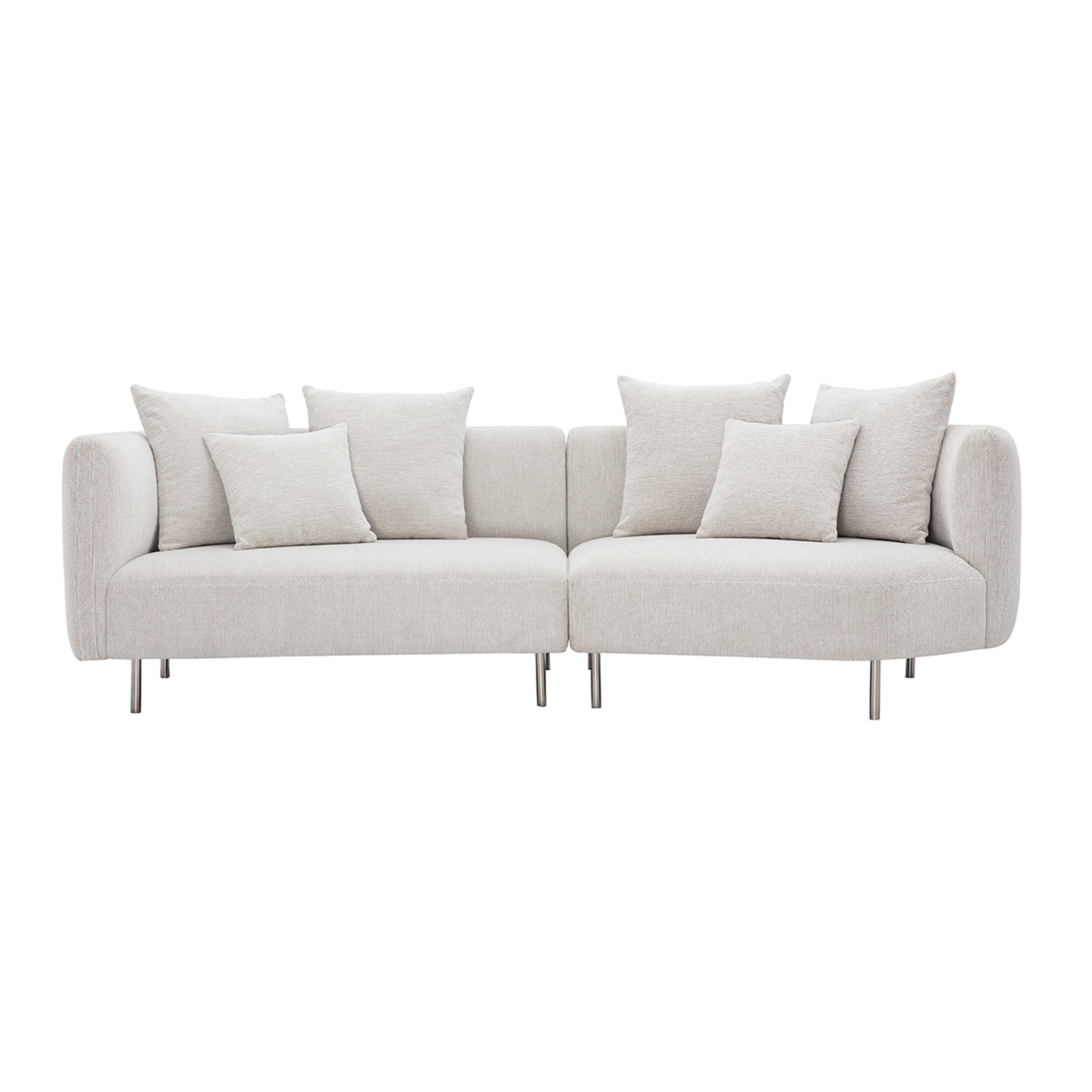 Canapé design 3-4 places en tissu effet velours chenillé beige clair et métal chromé IGLESIAS