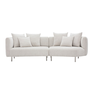 Canapé design 3-4 places en tissu effet velours chenillé beige clair et métal chromé IGLESIAS