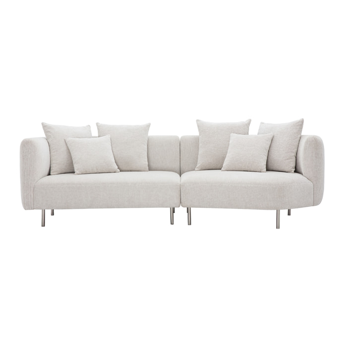 Canapé design 3-4 places en tissu effet velours chenillé beige clair et métal chromé IGLESIAS