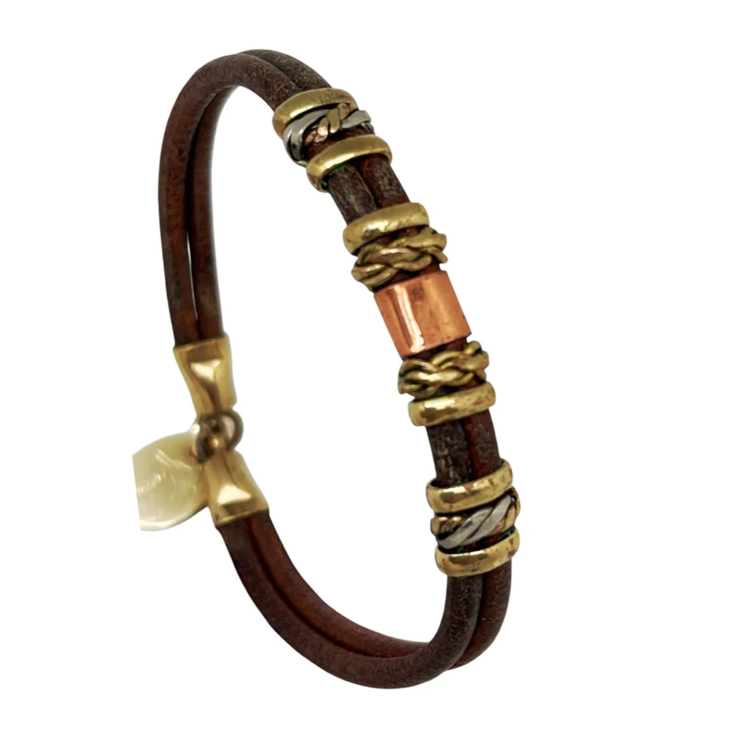 Pulsera cuero y latón rizos envolventes artesanal áºnicas