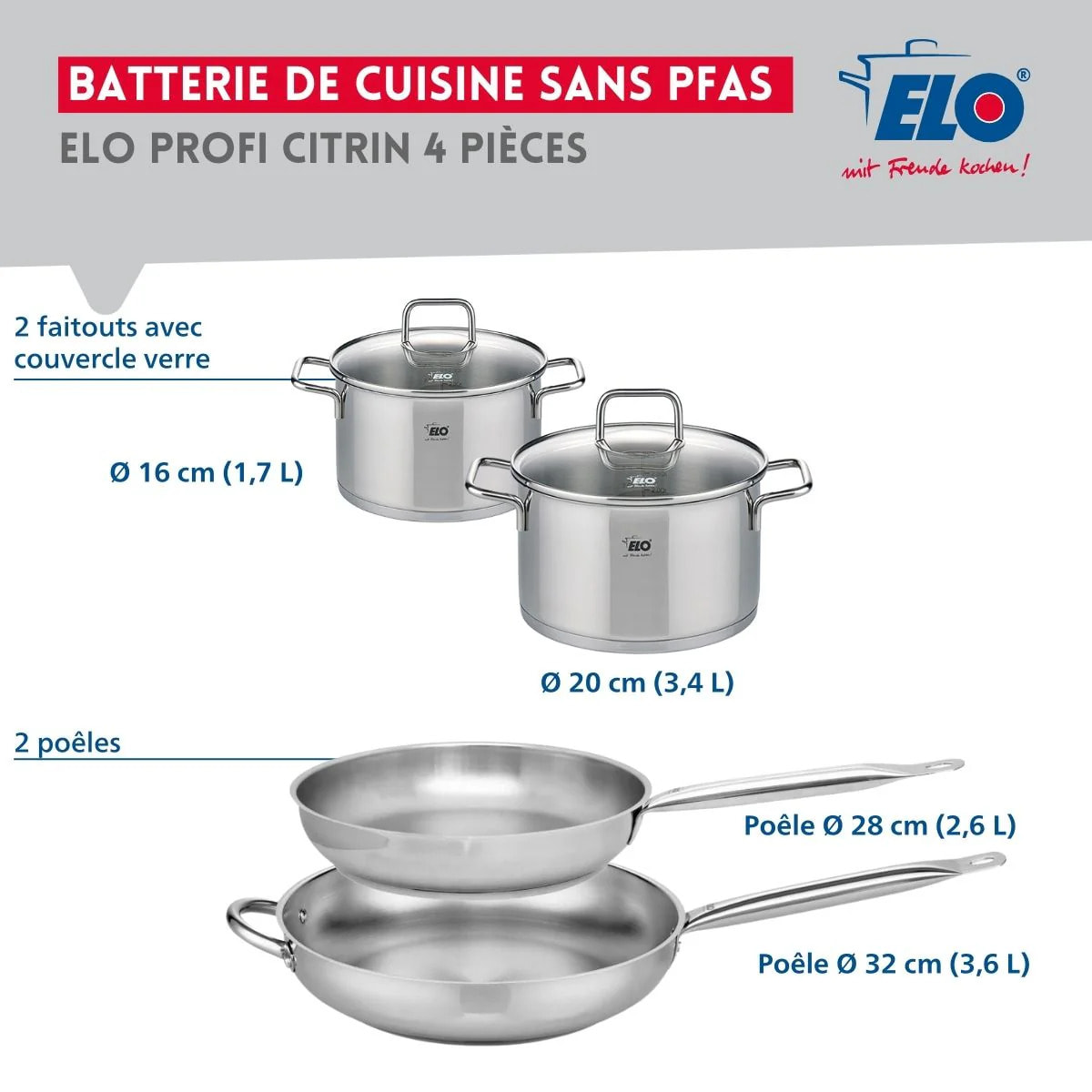 Ensemble de 2 Poêles de cuisson 28 et 32 cm et 2 faitouts 16 et 20 cm Elo Profi Citrin