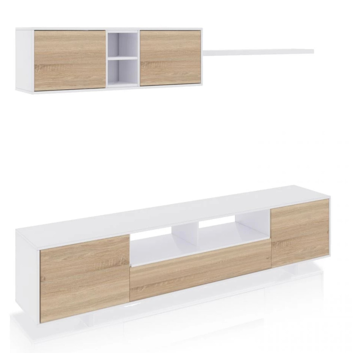 Salón con mueble de TV y estantería en blanco brillo y roble canadian 200 cm Kenzo Blanco Brillo - Roble Canadian