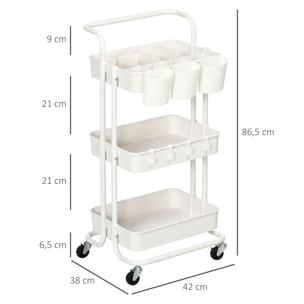 Carro Auxiliar con Ruedas Carrito de Almacenamiento de 3 Niveles con Asa 3 Cajas Colgantes y 4 Ganchos para Salón Comedor Cocina Baño 42x38x86,5 cm Blanco