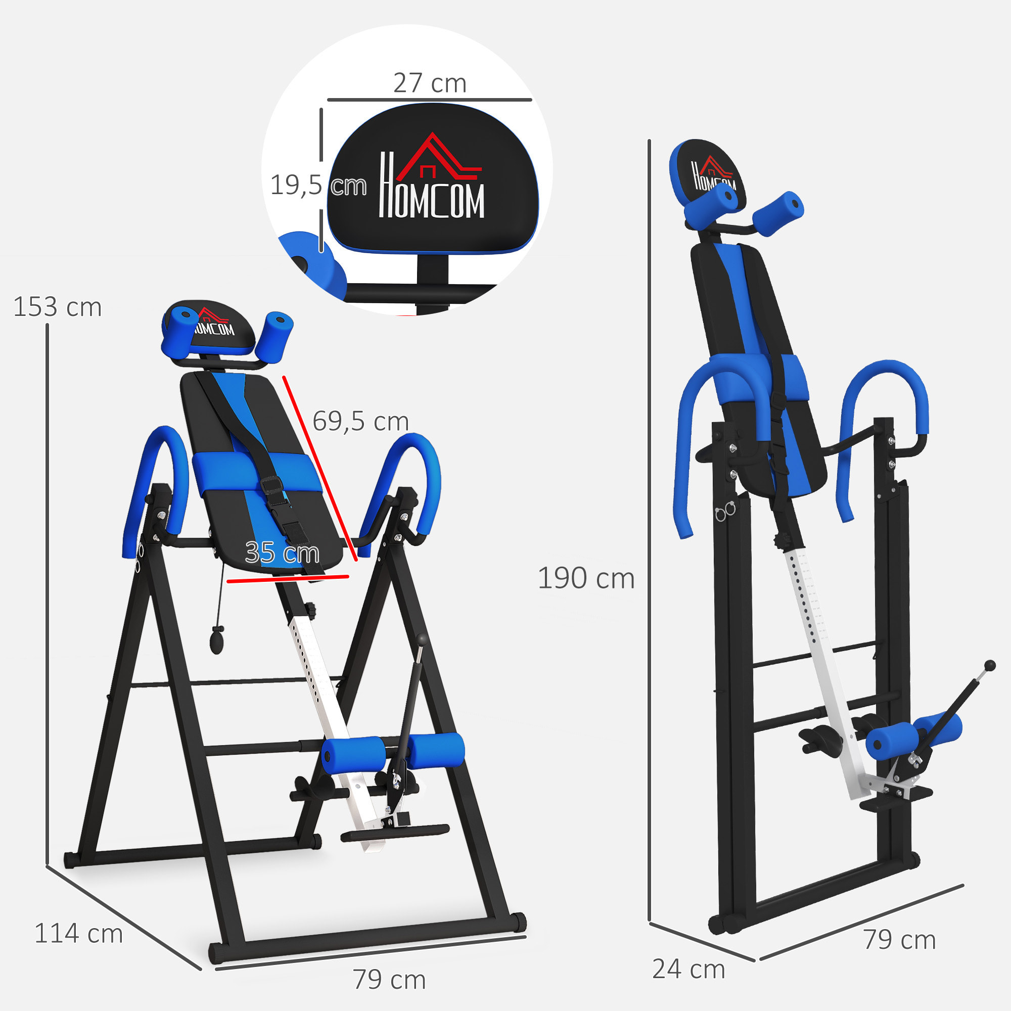 Table d'inversion de musculation pliable ceinture de sécurité réglable angle inversé ajustable 3 niveaux acier bleu noir