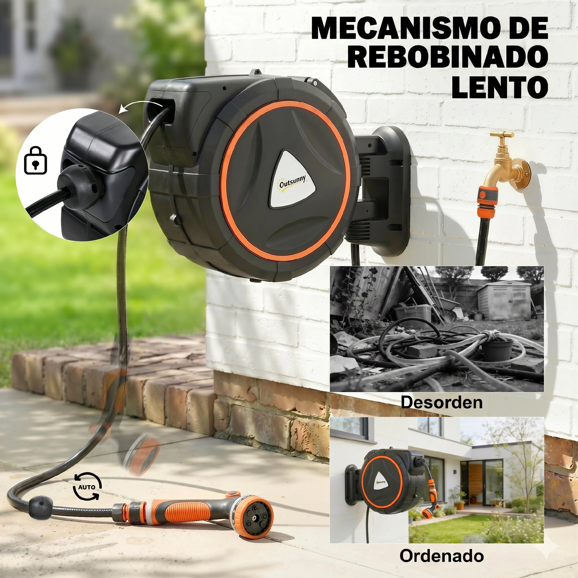 Enrollador de Manguera para Jardín 28+2 m con 12 Modos de Rociado, Carrete de Manguera de Jardín de Pared con Bloqueo Automático y Retracción Controlada, Soporte Orientable 180°, Naranja