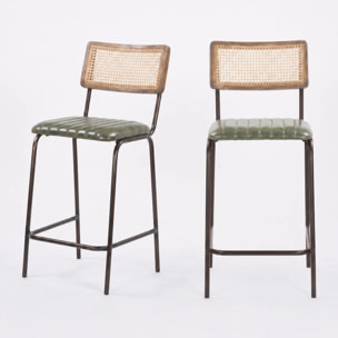 Lot de 2 chaises de bar 76 cm en cannage et cuir vert - Arsène