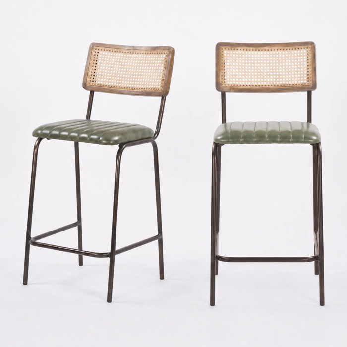 Lot de 2 chaises de bar 76 cm en cannage et cuir vert - Arsène