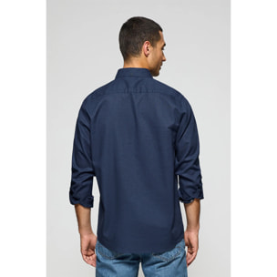 Camisa azul marino de lino y algodón regular fit con logo bordado
